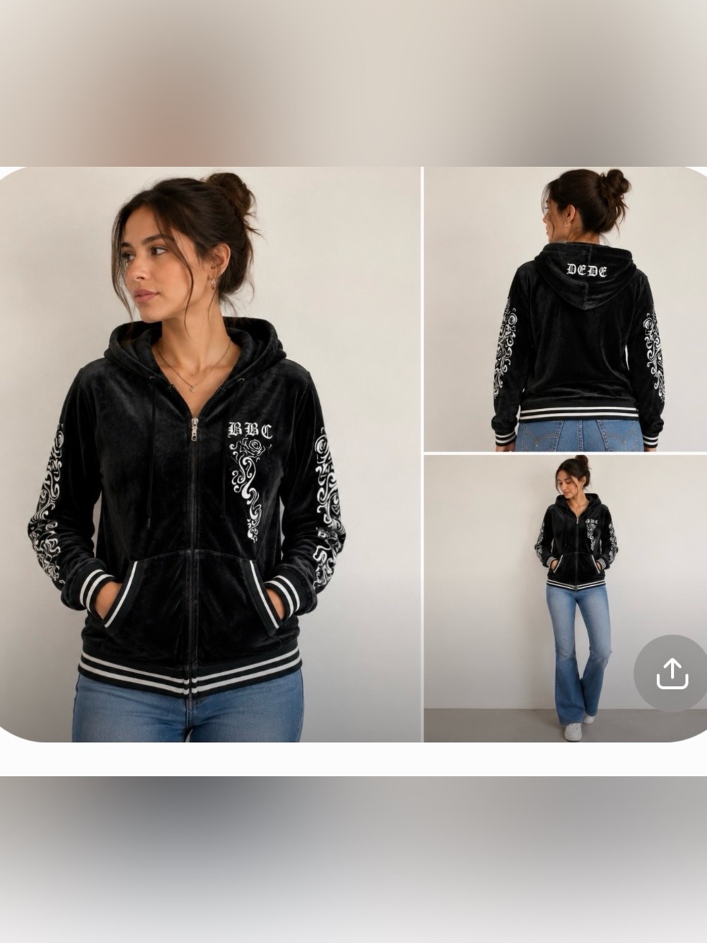 BCBGMaxAzria Black Velour Embroidered Zip Hoodie size L . Y2K